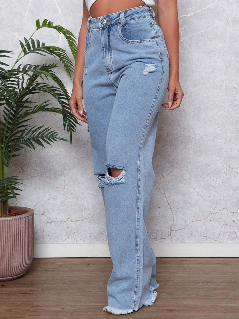 Calça Jeans Feminina Wide Leg Destroyed