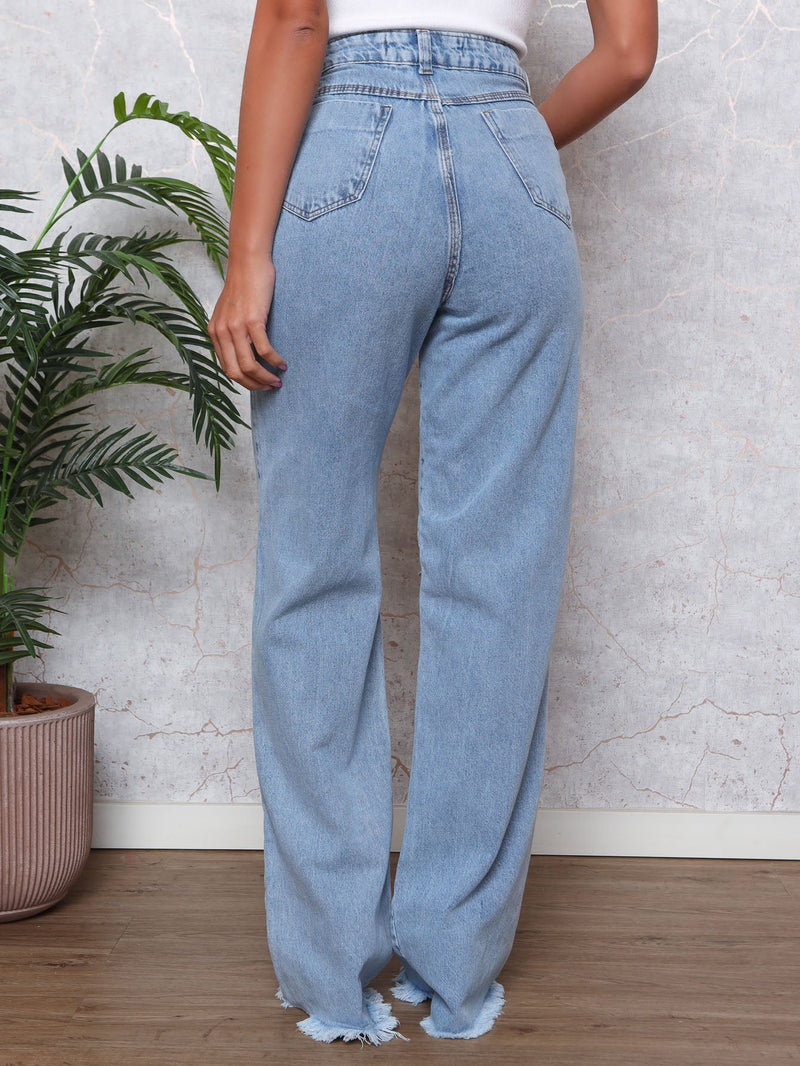 Calça Jeans Feminina Wide Leg Destroyed