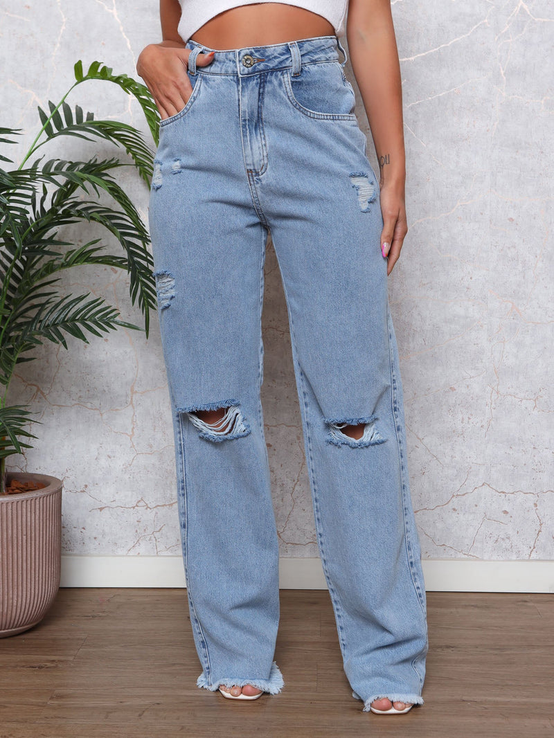 Calça Jeans Feminina Wide Leg Destroyed